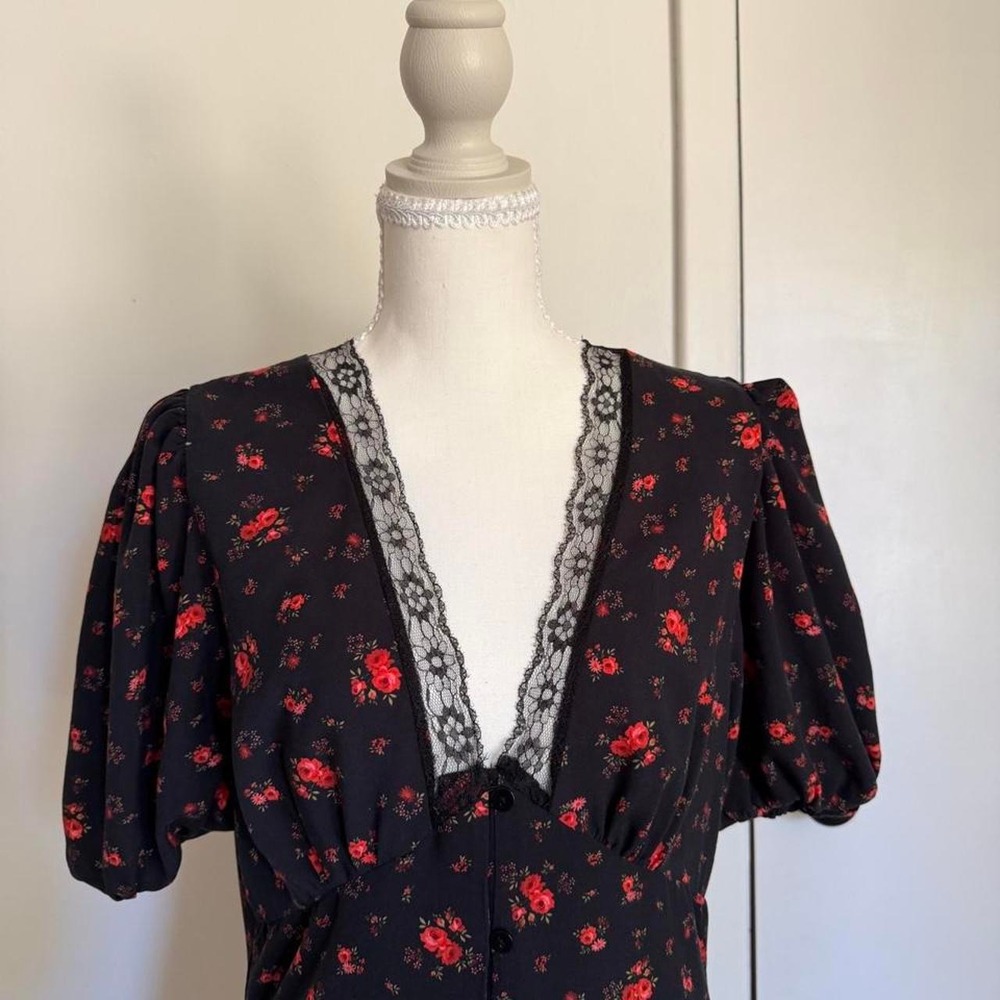 Miss Selfridge lace trim button floral maxi dress with lace trim button front